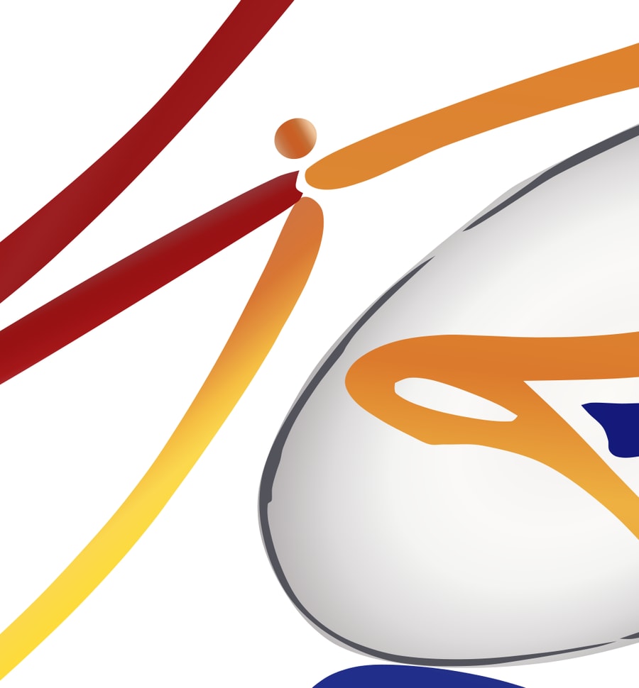 Détail agrandi du logo : un point rond forme une tête, sous laquelle les traits rouge et orange se rejoignent puis s'écartent comme deux bras ouverts